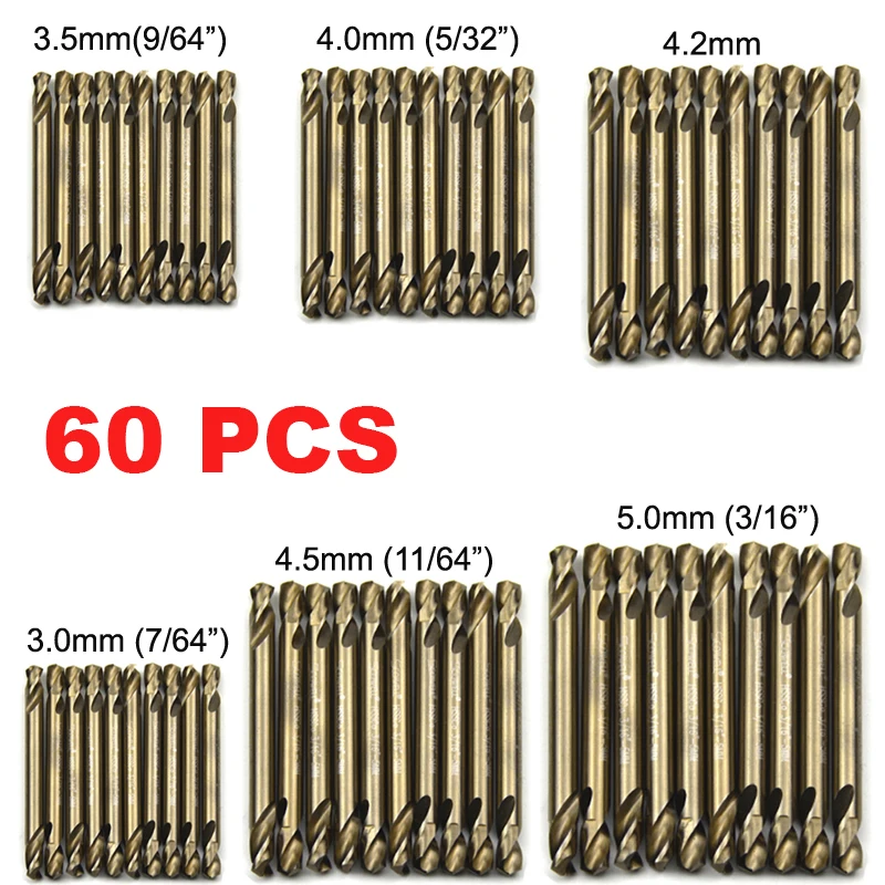 60pcs HSS M35 Cobalt Stainless Steel Double Ended Twist Drill Bit DIY Tools Two Heads Spiral Jobber Drill Bits Imperial Metric