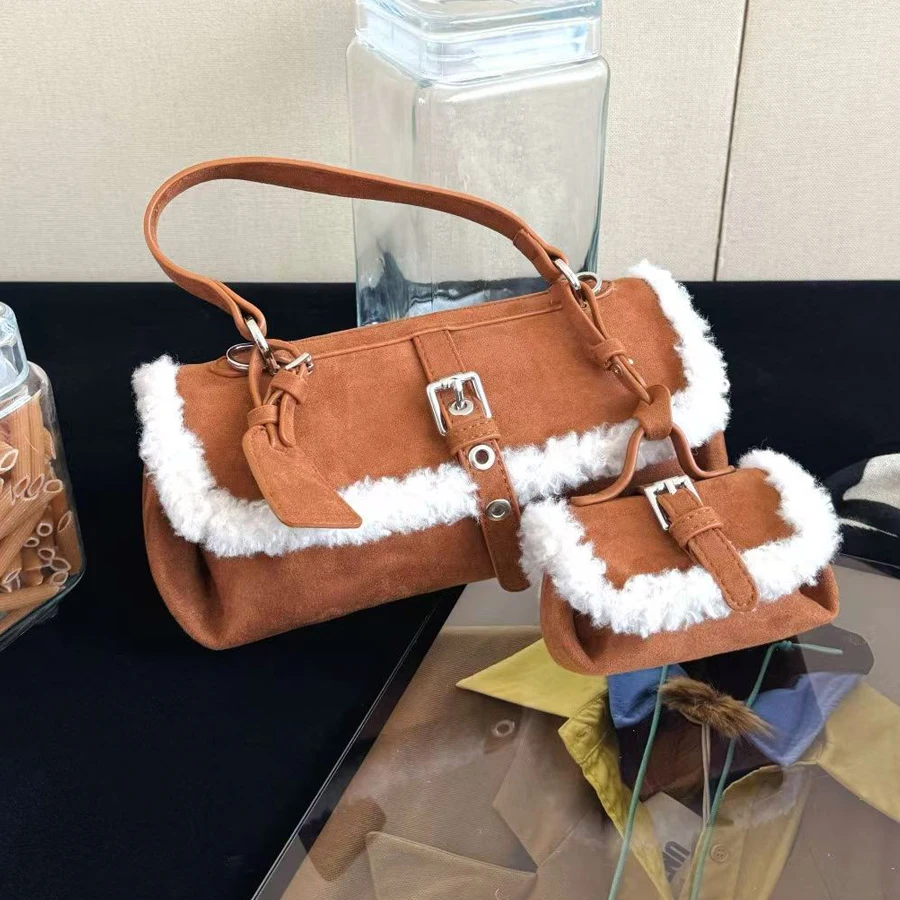 Faux Suede Frosted Splicing Plush Composite Bags For Women Luxury Designer Handbag And Purse New In Commuting Shoulder Crossbody