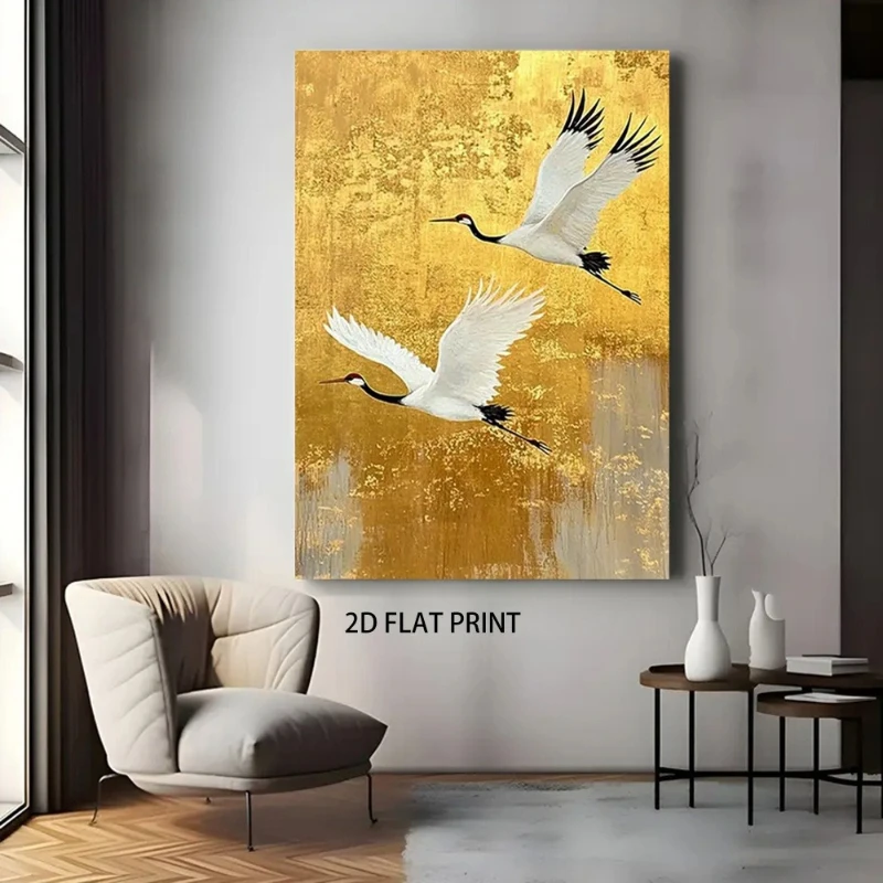 Frameless canvas paintings,Two Red Crowned Cranes on Golden Background Poster Prints Animal Art Canvas Painting Wall Art Picture