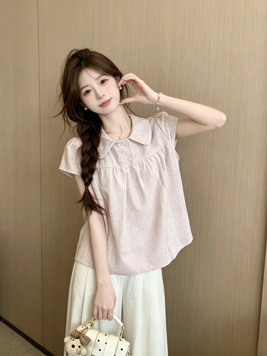 

Retro Doll Collar Plaid Shirt Women's Summer Design Korean Style Fashionable Youthful Korean System Small Top Upper Apparel