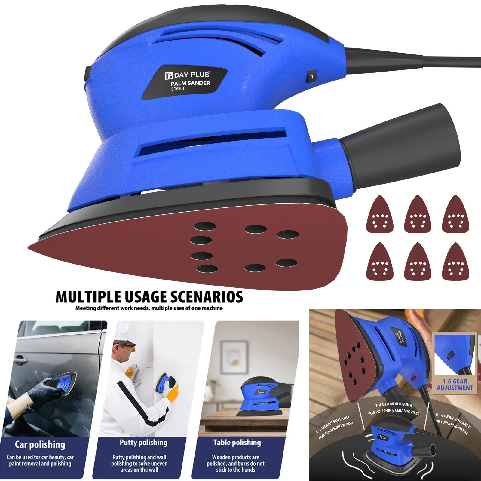 BRIEFNESS Lijadora Detalle 130W 12000RPM 6 Velocidades, Incluye 6 Lijas, para Lijado/Pulido de Paredes Madera