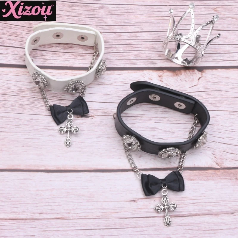 Japanese mass-produced sweet and cool rhinestone love bow pendant cross chain pu bracelet bracelet women's lolita jewelry