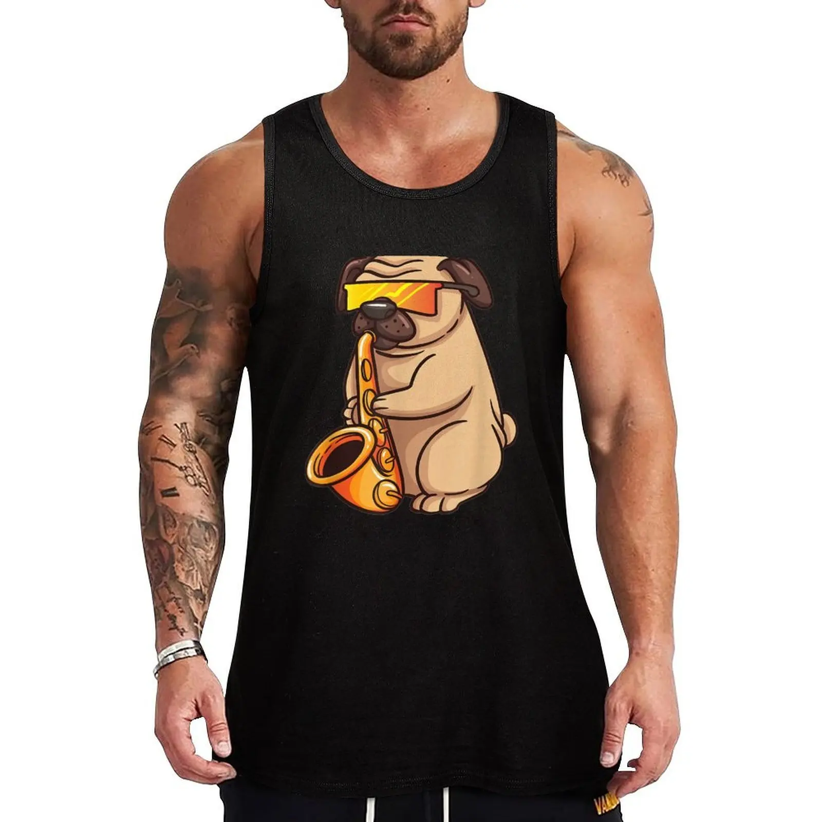 

Saxophone Player Pug Jazz Band Music And Dog Lovers Gift Tank Top Breathable Stretch Tank Top Flexible Comfort Shirt