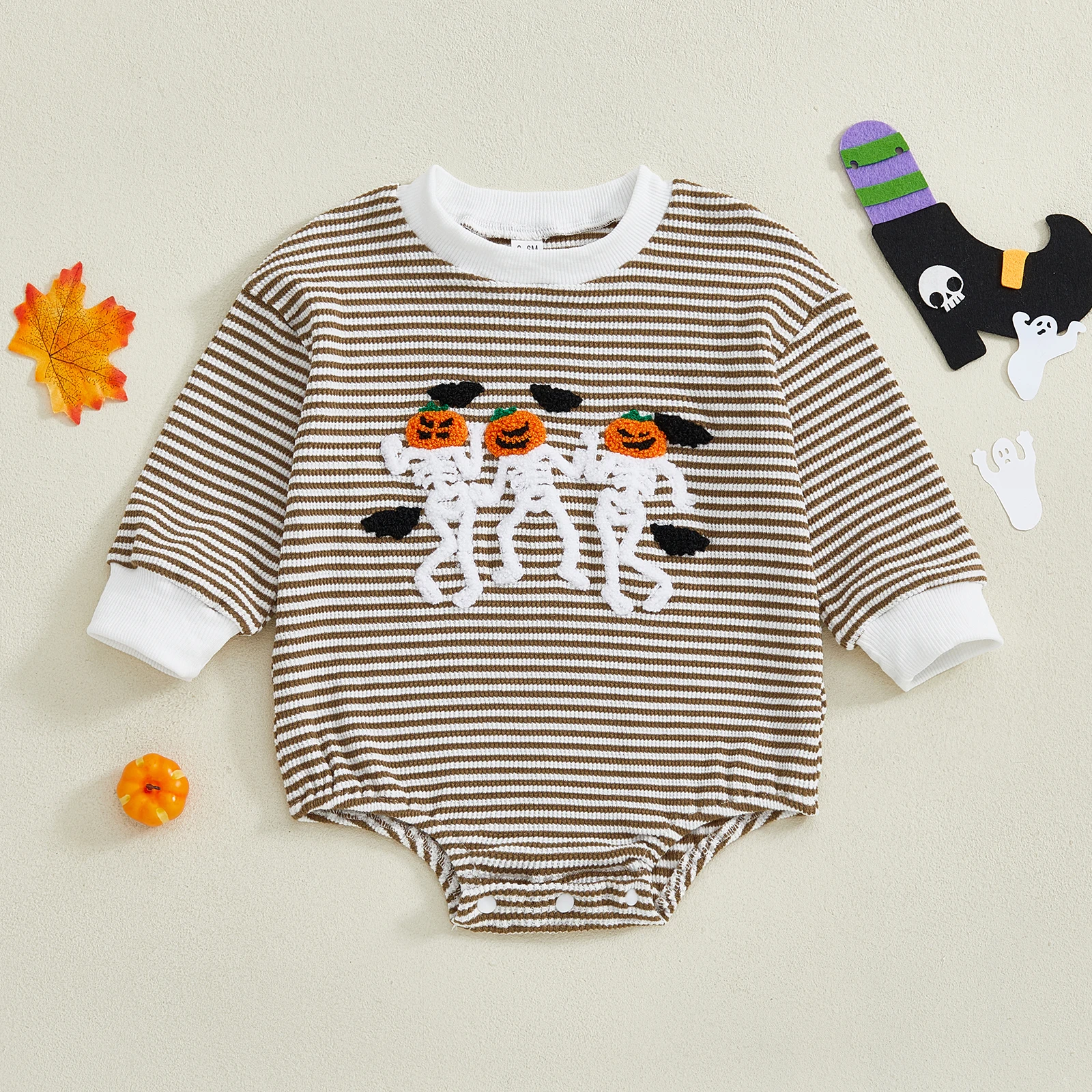 

Baby Long Sleeve Crew Neck Stripes Embroidery Pumpkin Fall Bodysuit Halloween Romper for Girls Boys 0-18 Months