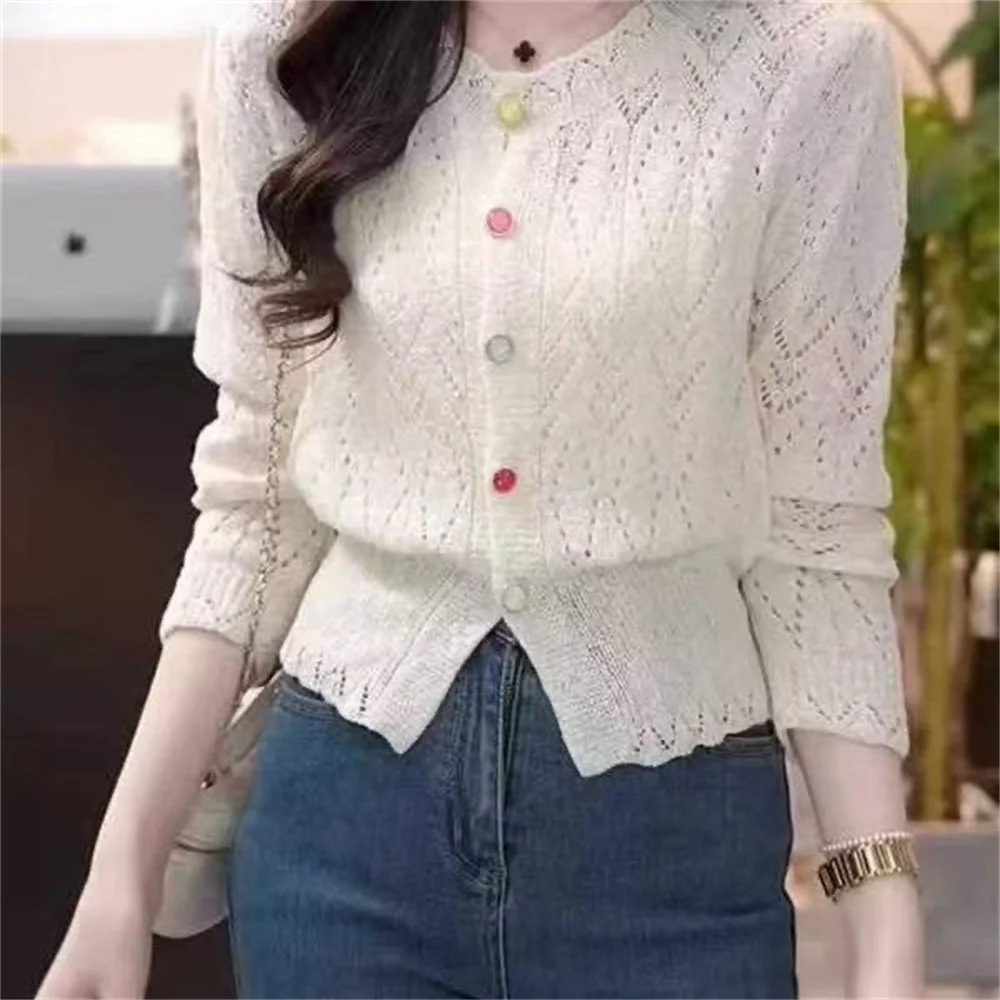 

Hollow Out Design Top Knitted Cardigan For Women 2026 Summer Autumn New Style Fashion Round Neck Thin White Sweater Clothes