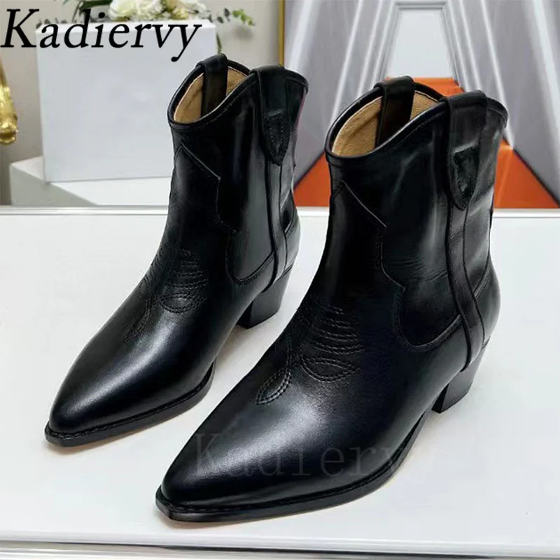 Suede Leather Embroidery Western Cowboy Boots Woman Pointed Toe Runway Shoes Women Square Heels Ankle Boots For Women