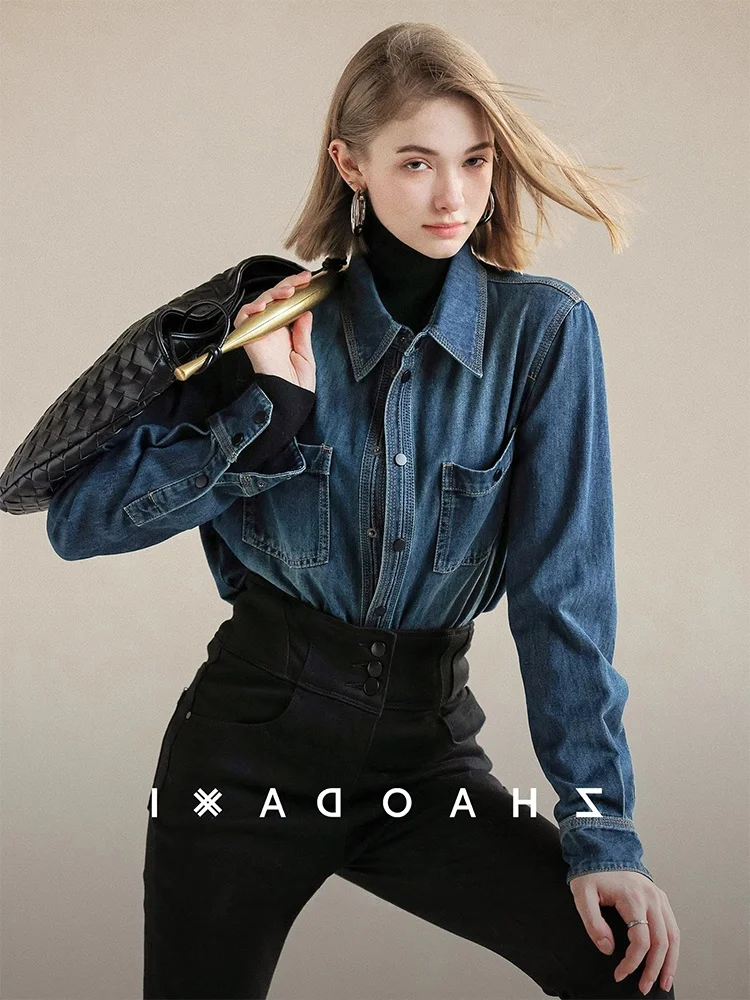 

Retro Blue Denim Shirt Women's New Early Spring Top Layered Wear Collar Stand-Up Inner Match Base Shirt Coat Autumn Winter