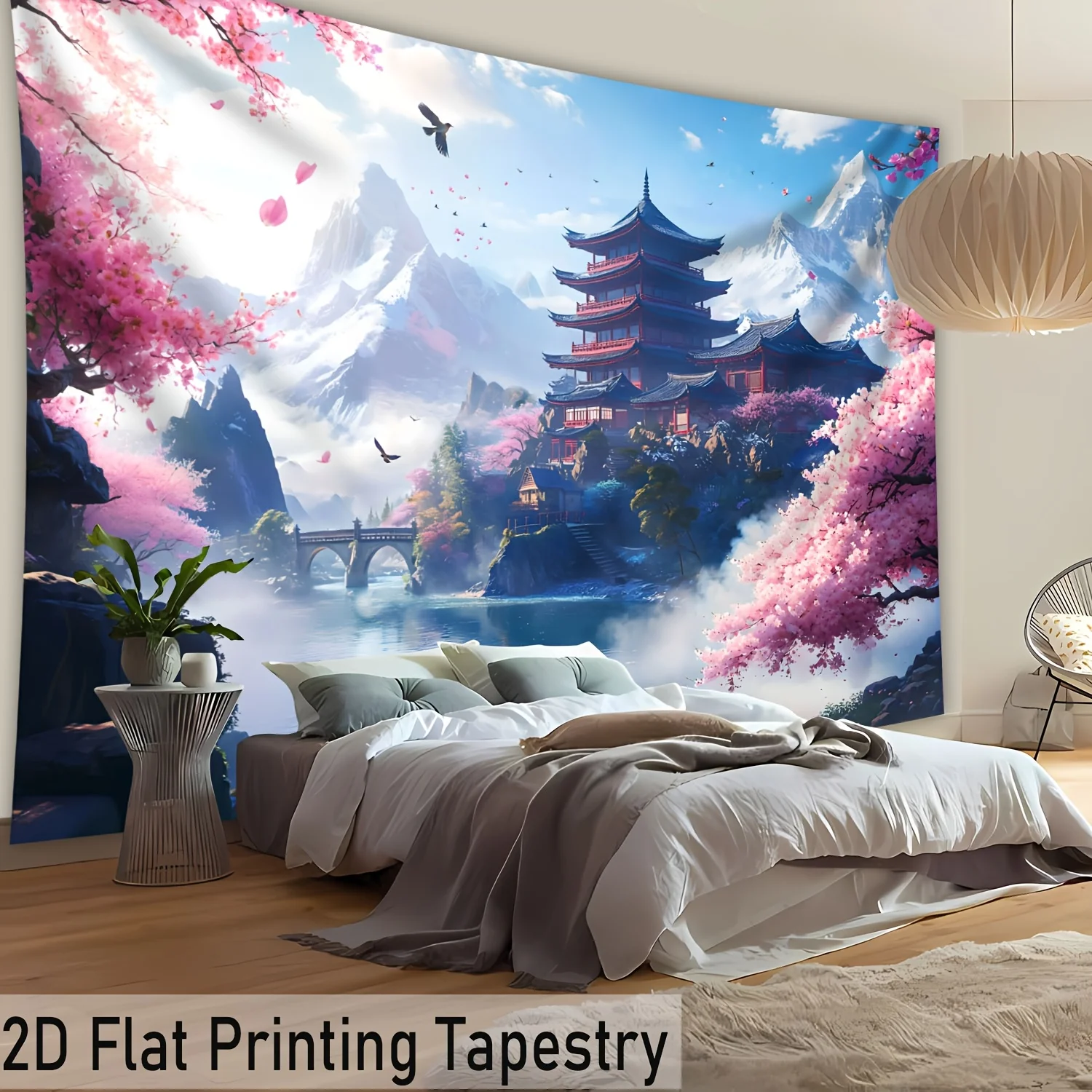 Sakura Pagoda Landscape Tapestry Snow Peak Lake Flying Birds Mist Ancient Bridge Wall Hanging,Dreamy Oriental View Tapestry Dorm