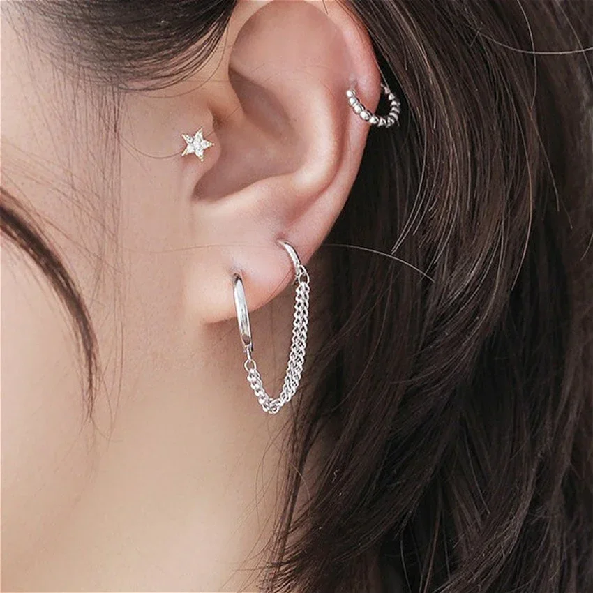 2024 Hot Sale Two Hole Piercing Earrings for Women Brilliant Crystal Zircon 2 Metal Color Chain Earring Party Jewelry