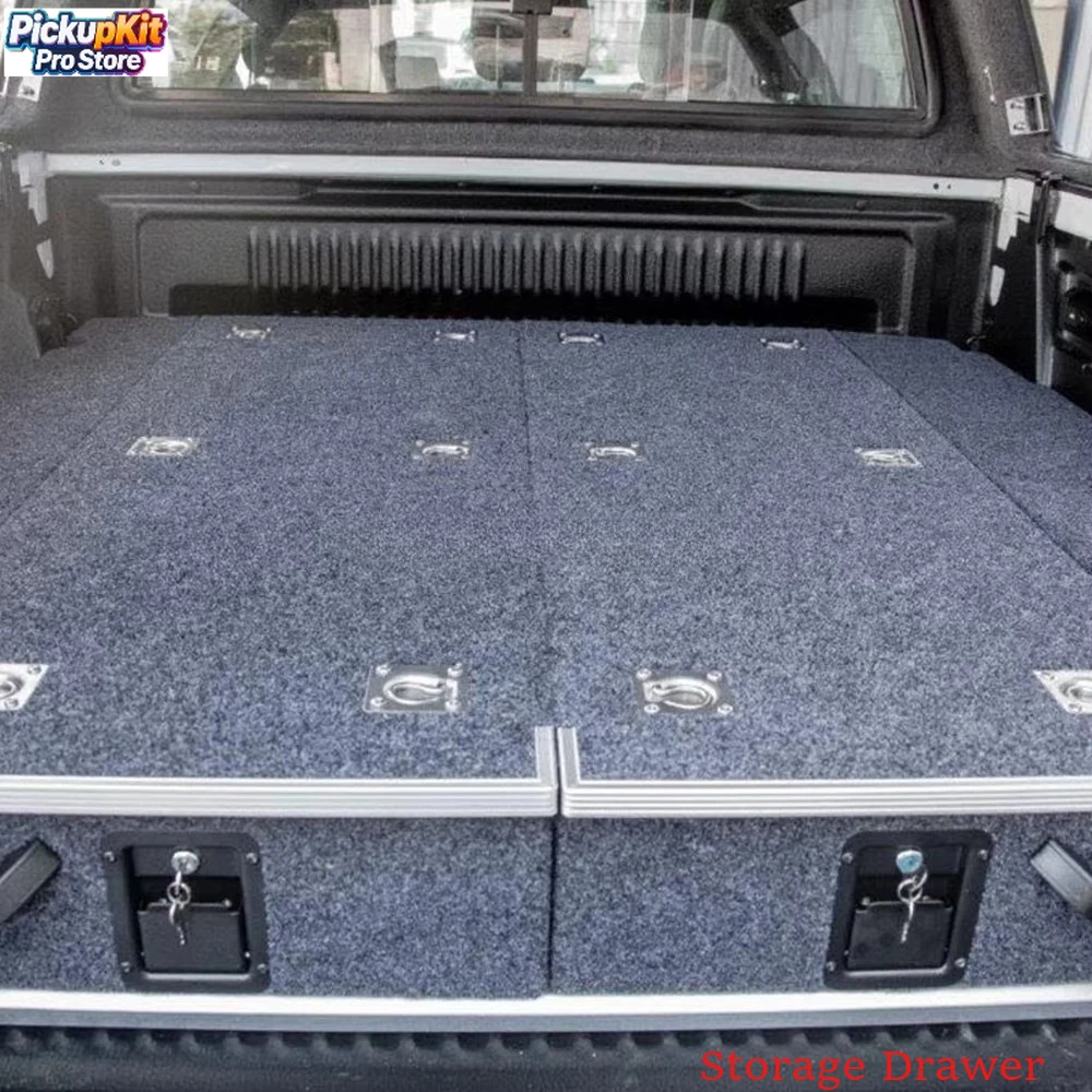 

Customized Metal Slide Pickup Truck Bed Storage Systems Cab Organizer Tooling Box with Double Drawer Left Slide Top Side Wings