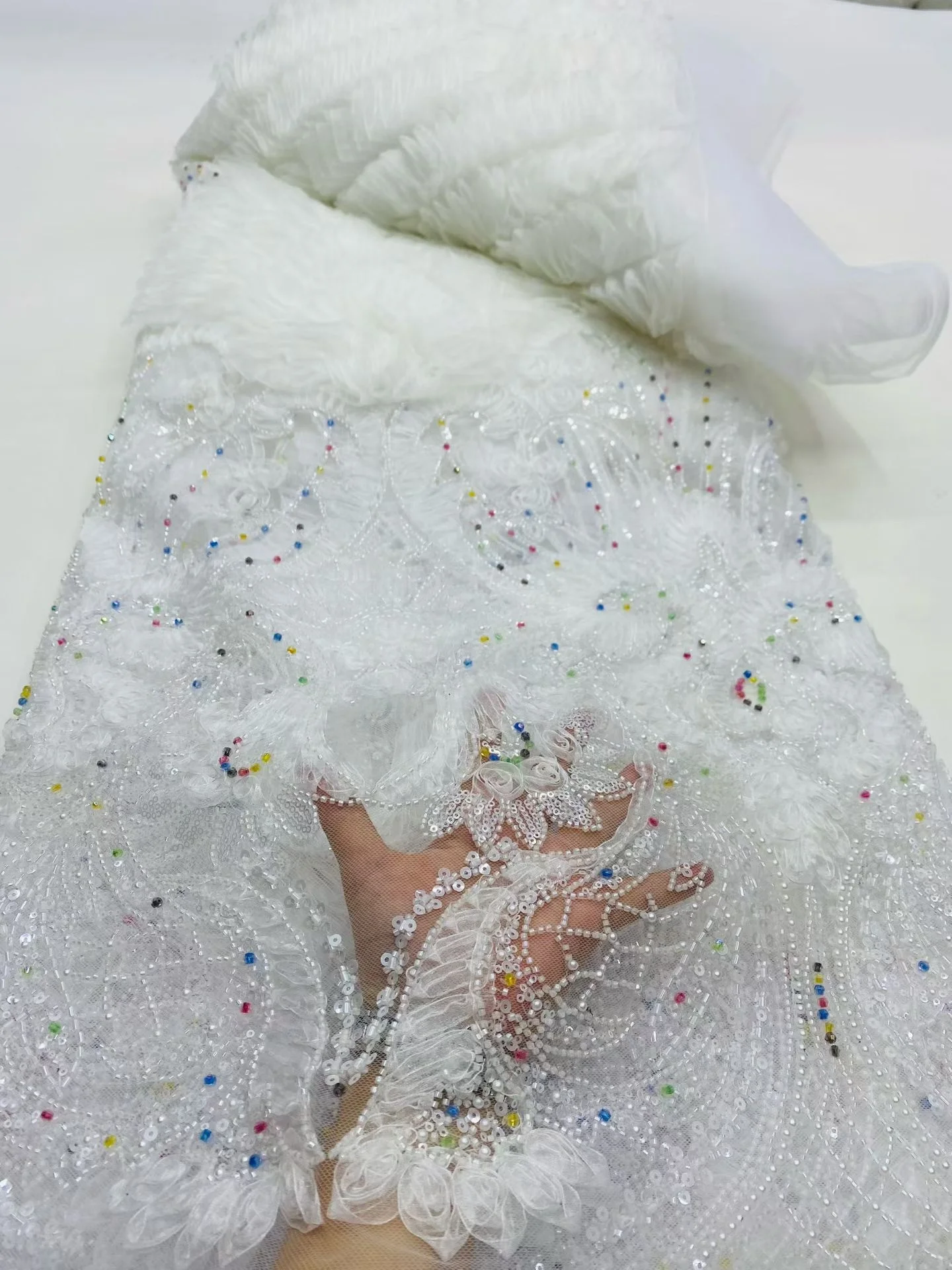 

Latest 2025 High Quality African Nigerian With Tulle Sewing Lace Fabric Guipure Embroidery Beads Dresses Sequins 5Yards DP0489