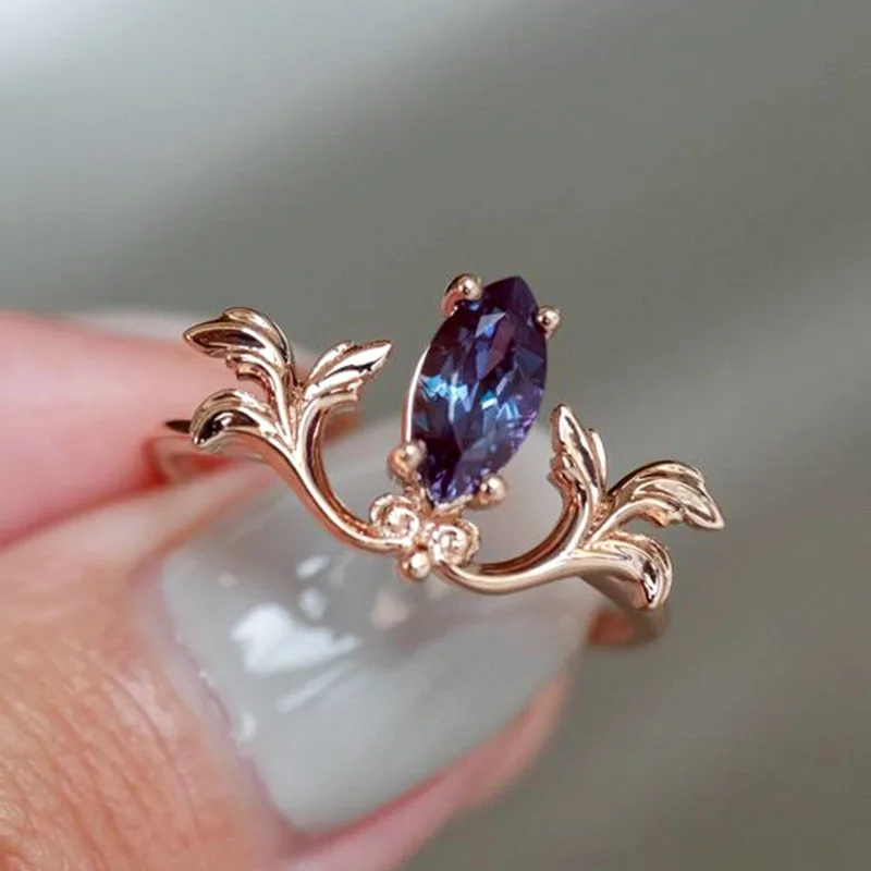 

Fashion Leaf Shaped Light Rose Gold Open End Ring Purple Color Zirconia Women's Trend Party Jewelry Accessories Gifts