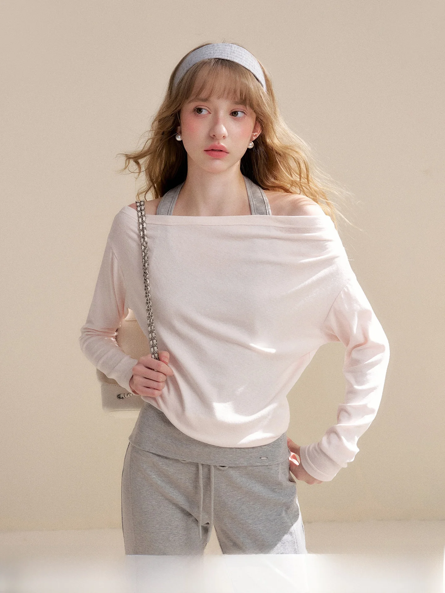 

Kroche 26ss Larse T-Shirt One Shoulder Neck Hanging Color Collision Drawstring Flared Casual Pants Set Women's Fashion Ensemble