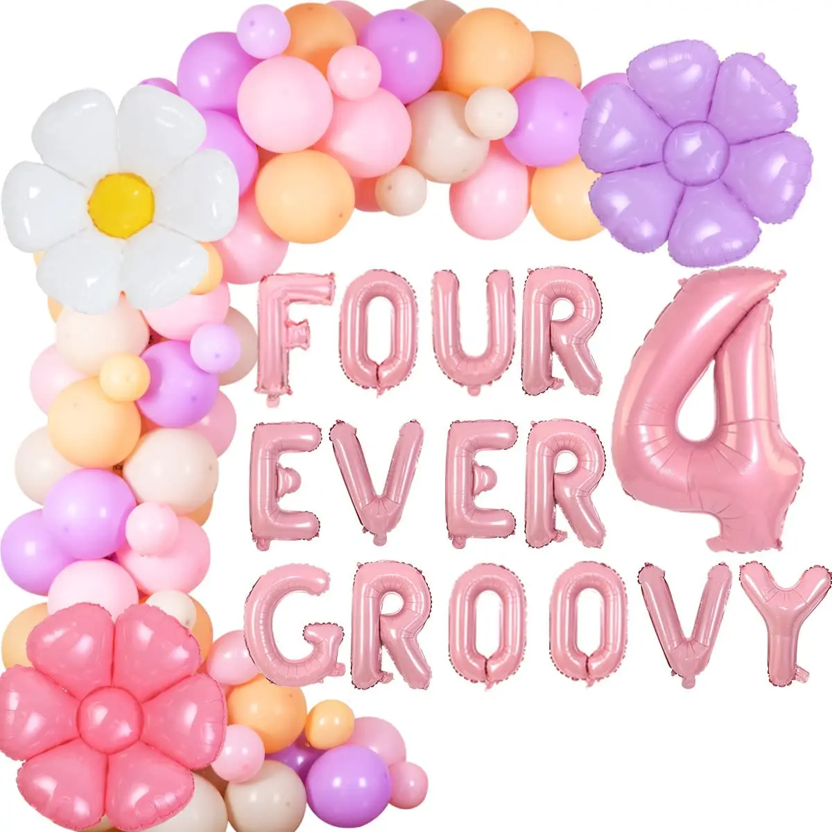 

Groovy-Daisy Balloon Garland Kit, Boho, Hippie, Retro, Birthday Party Supplies, 4 Ever, 4th Birthday