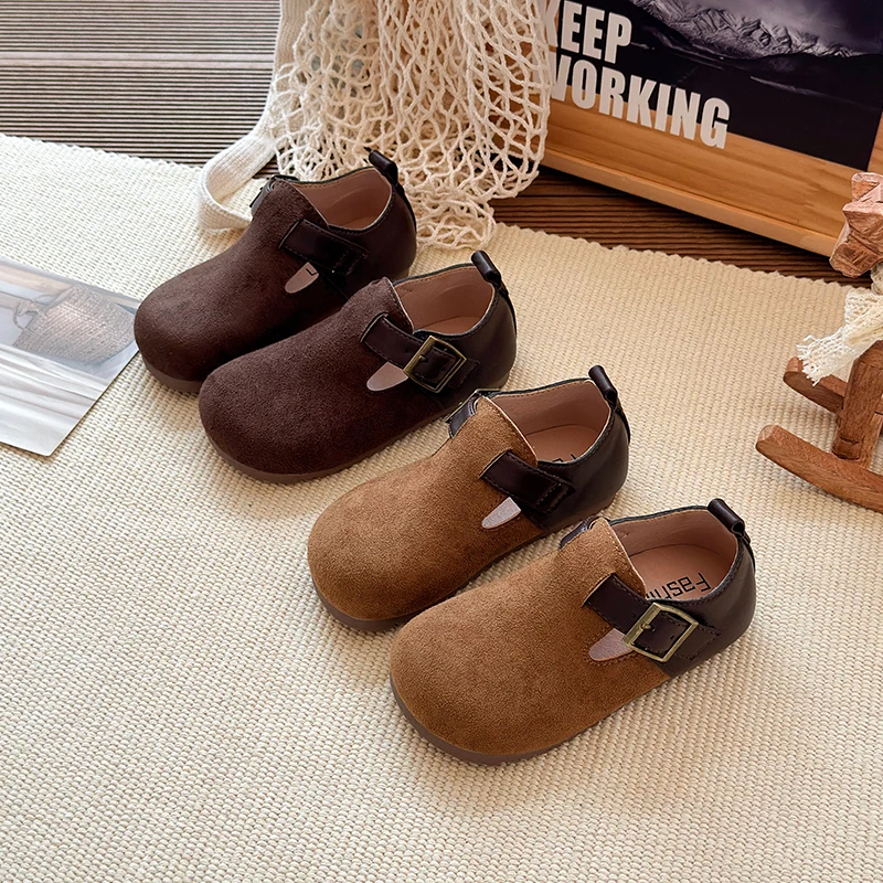 

Boys Girls Flat Shoes Retro Non-slip Sweet Kids Moccasins Soft Sole 2025 New Fashion Children Leather Shoes Hook&loop Elegant