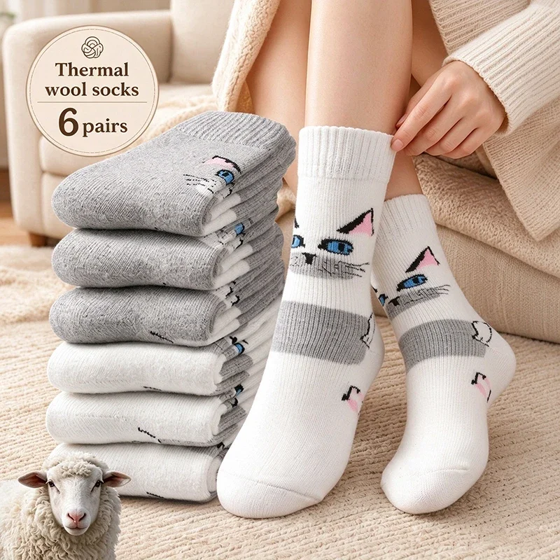 6Pairs Women Winter Wool Thermal Socks Kawaii Cartoon Cat Print Mid-calf Socks Thick Warm Soft Cozy Ladies Casual Home Socks