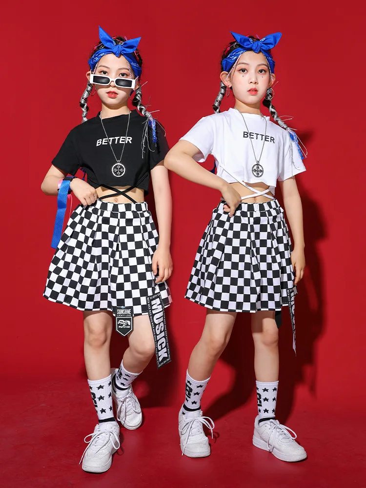 طفل Kpop الهيب هوب الملابس أبيض أسود الدانتيل يصل المحاصيل الأعلى تي شيرت الشارع متقلب تنورة صغيرة لفتاة ملابس رقص الجاز الملابس