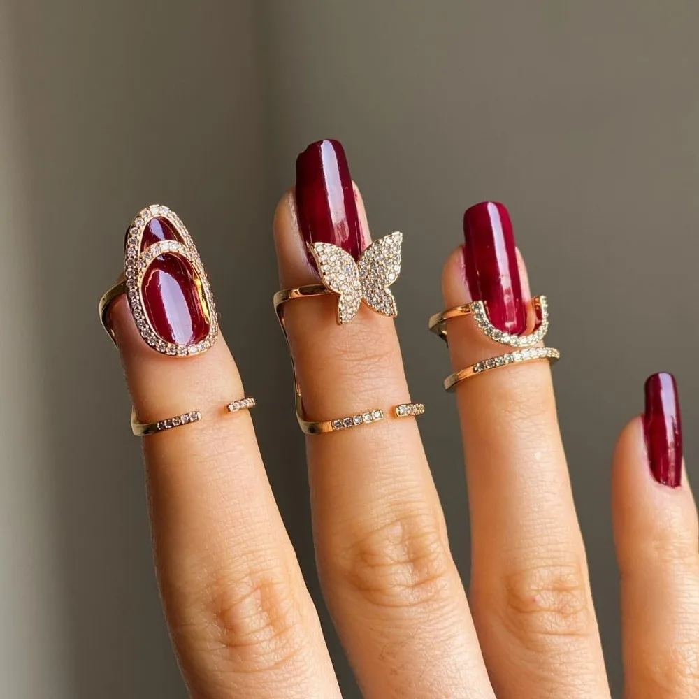 New Zircon Nail Ring Gold Color Nail Art Manicure Joint Ring Butterfly Wearable Statement Ring Women Accessories