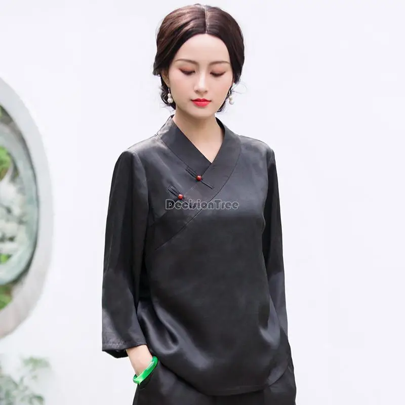 2024 chinese style tangsuits traditional cheongsam blouse women oriental retro blouse long sleeve blouse solid color top