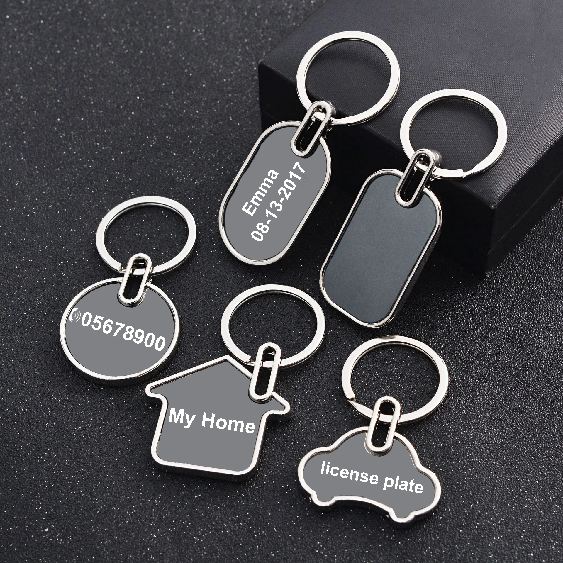 Custom Key Rings Black Metal Keychain Personalized Phone Number Name Date Square Round House Car Keychain Holiday Birthday Gift