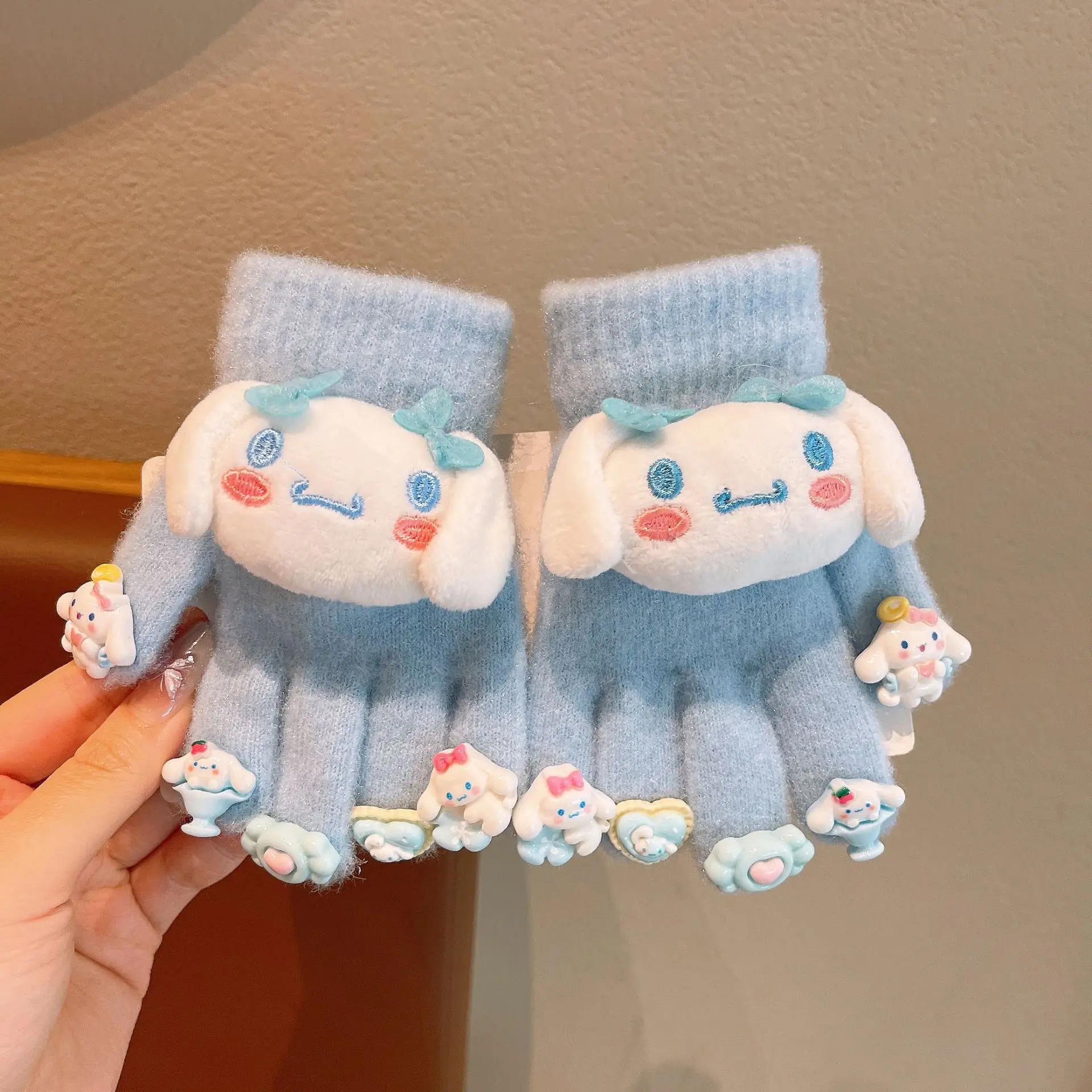 Sanrio luvas infantis meninas outono e inverno novo kuromi capa de cinco dedos acolchoado quente frio luvas de dedos divididos