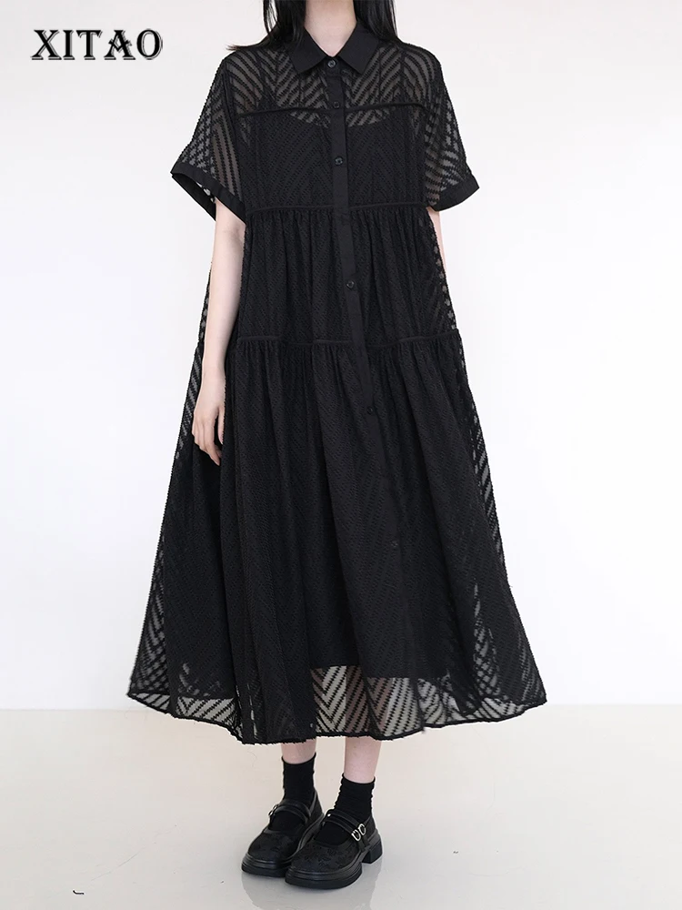 

XITAO Loose Solid Color Hollow Out Dress Single Breasted Short Sleeve All-match New Arrival Temperament Woman Dress ZMY1261