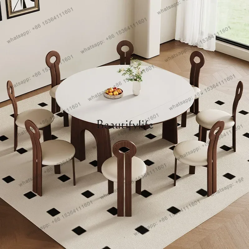 D30 Medieval style solid wood dining table American French cream retro rock slab table variable round