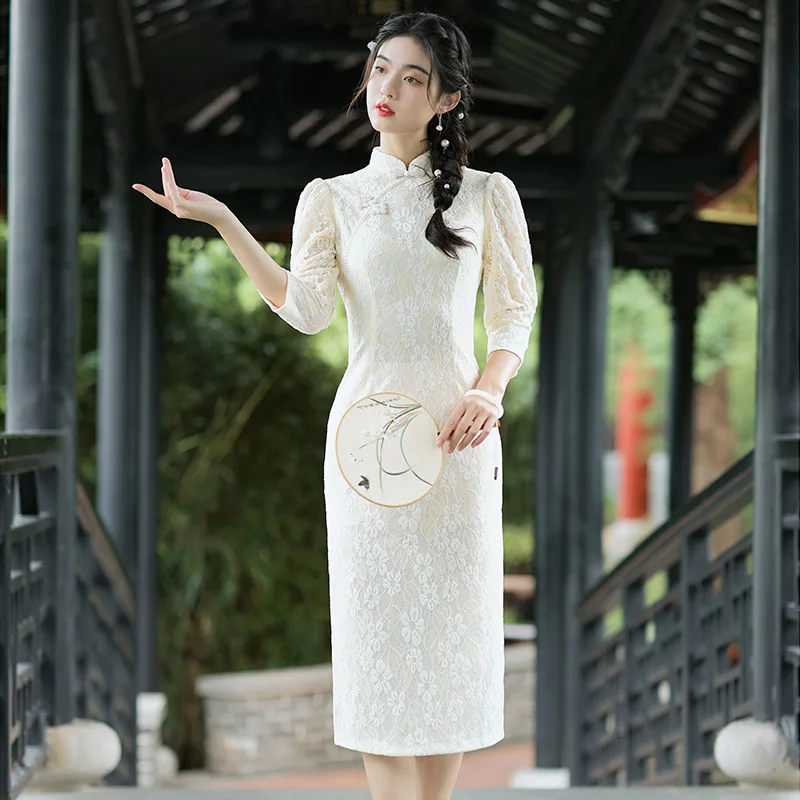 Light Yellow Lace Patchwork Cheongsam Vintage Half Sleeve Chinese Traditional Dress Slim Female Women Long Qipao S To 3XL