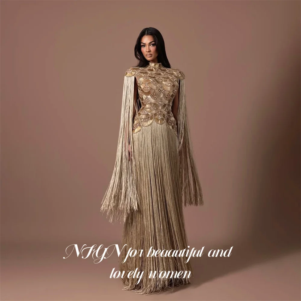 NFYN Golden Evening Dress High Neck Off Shoulder Party Dress Straight Glitter Sequin vestidos de fiesta Prom Gowns Customized image 4