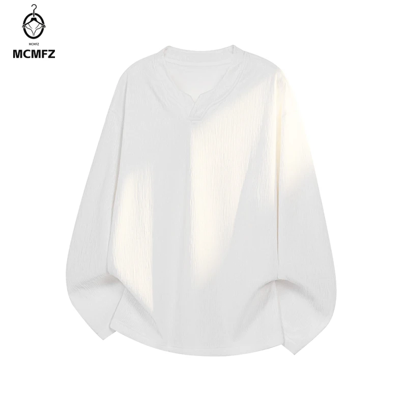 Mens Youth Street Style Long Sleeve Tee Notched V Neck Wrinkle Woven Texture Soft Material For Daily Hangout Activities