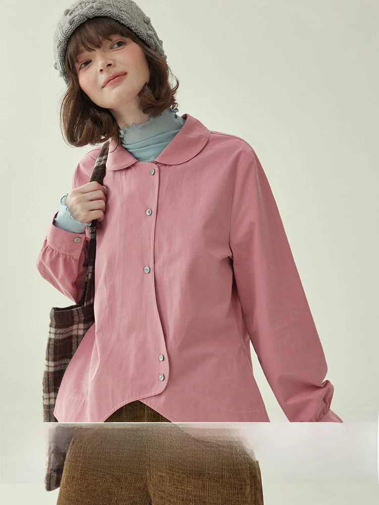 

AMUU Original Irregular Doll Collar Plum Red Cotton Long Sleeve Shirt Women's Winter New Style Loose Fit Comfortable Breathable