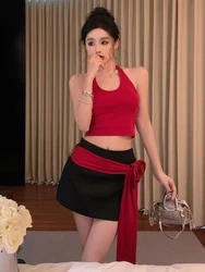 Aesthetic Sexy Slim Slash Neck Solid 2 Piece Set Women Fashion Y2k Skinny Thin Off Shoulder Tops + High Waist Short Skirt 2024