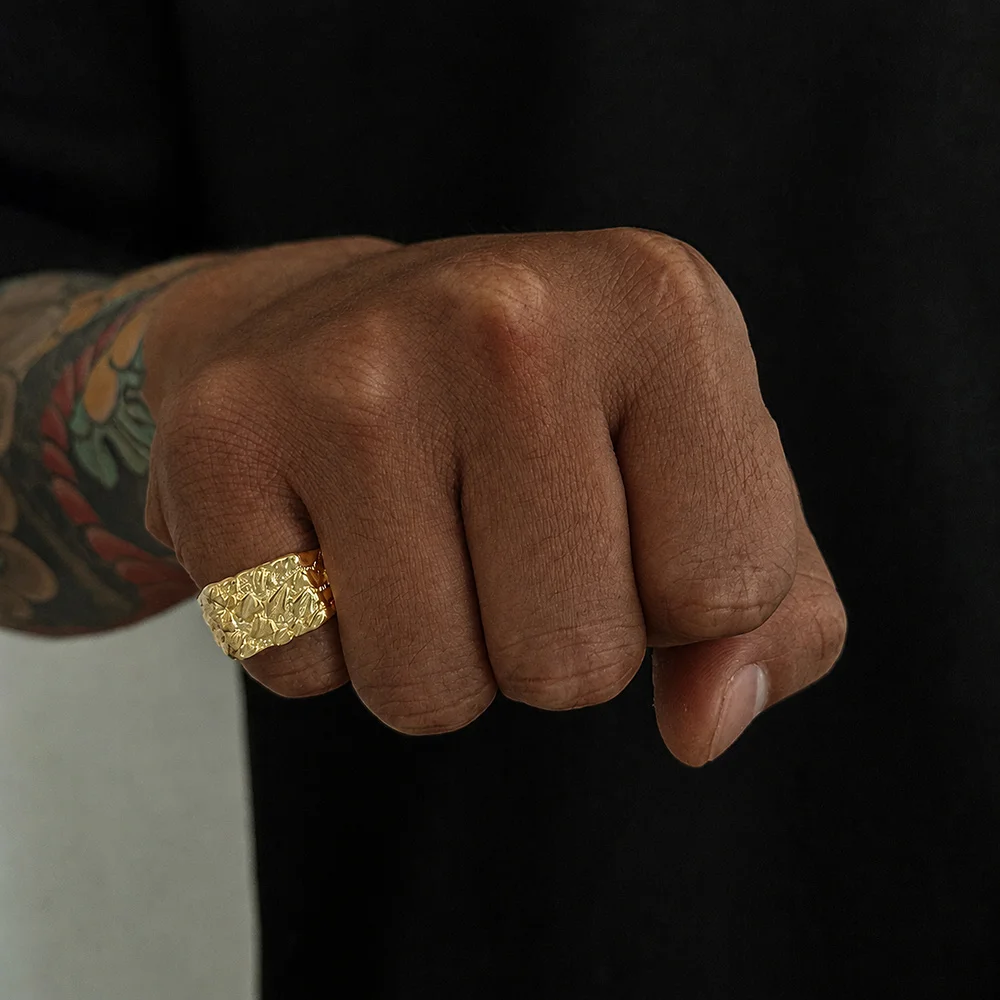Hammered Pebble Textur-Ring für Herren, verstellbarer Schmuckring in Gold- und Silberfarbe, organischer, klobiger Statement-Stil – Detail 2