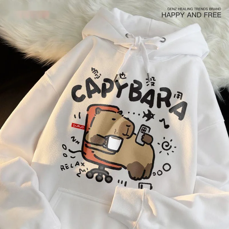 Kapibara Cute Fleece Hooded Pullover Sweatshirt Trendy Couple's Autumn-Winter Warm Sweatshirts Stylish Casual Loose-Fitting Top