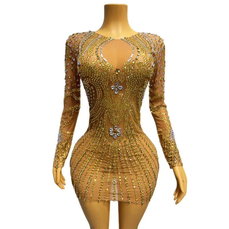 Evening Celebrate Party Gold Crystal Diamond Bodycon Mini Dress Long Sleeve Mesh Night Club Dress Singer Bar Performance Costume