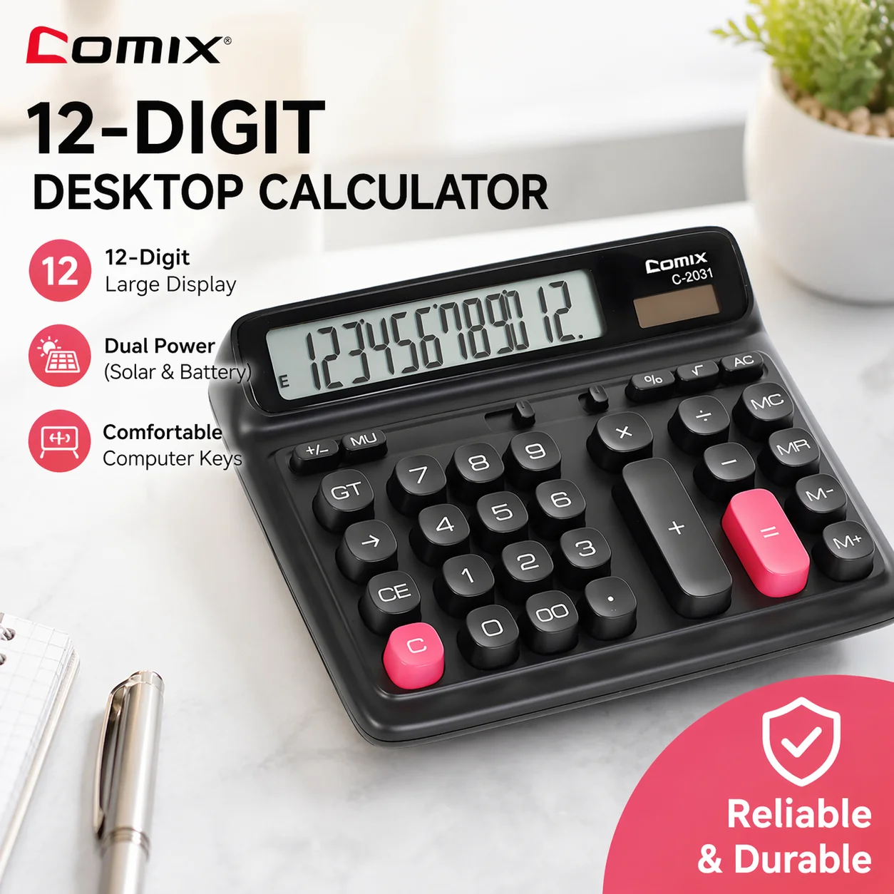 Comix Desktop Calculator, Computer Keys 12 Digit Large Display, Dual Power Black Electronic Calculator for Office Home