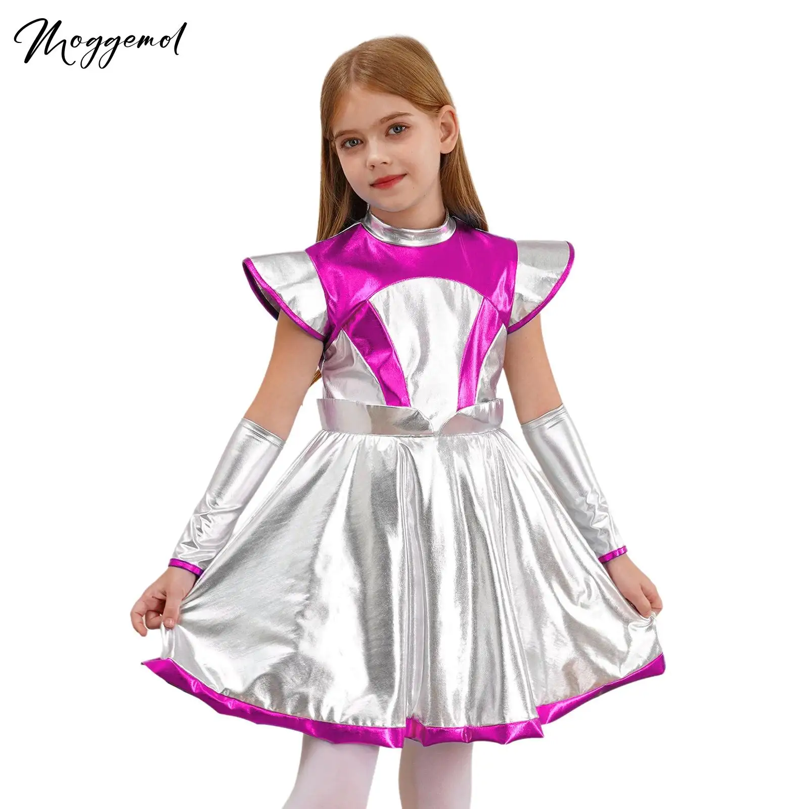 Kinderen Meisjes 2 Stuks Alien Cosplay Kostuum Space Dress Festival Halloween Robot Astronaut Metallic Cap Mouw Jurk Met Arm Mouw