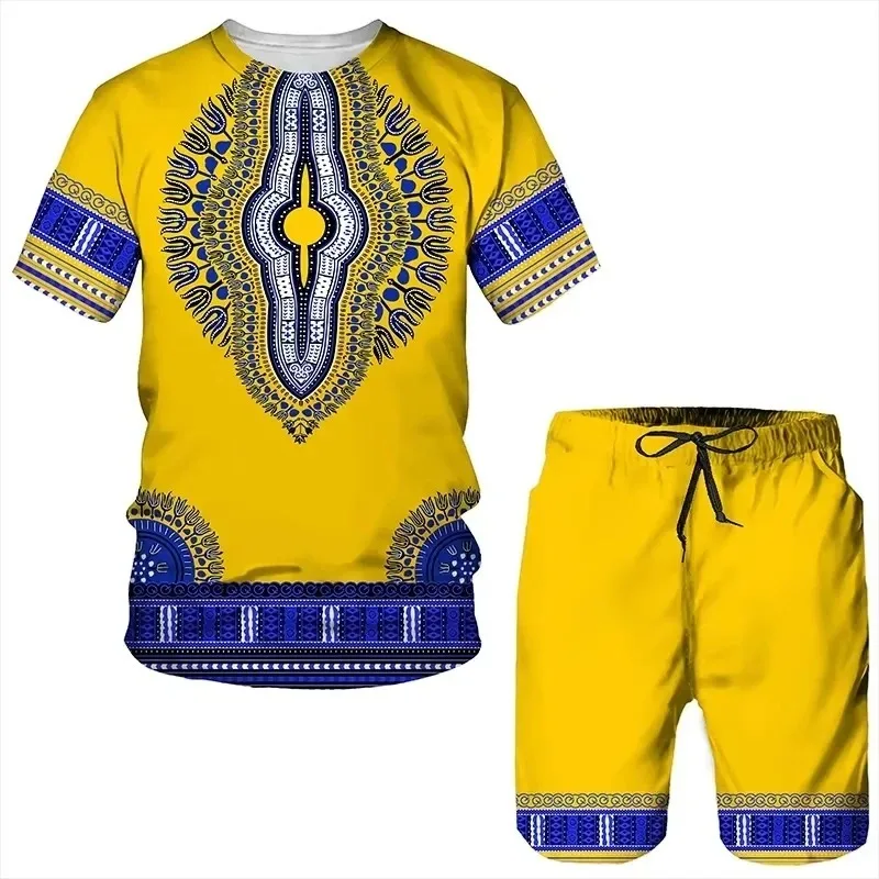 2025 African Sportswear Men's 3D Printed Summer Sportswear Set Short Sleeved Shorts T-shirt Children's T-shirt Sportswear
