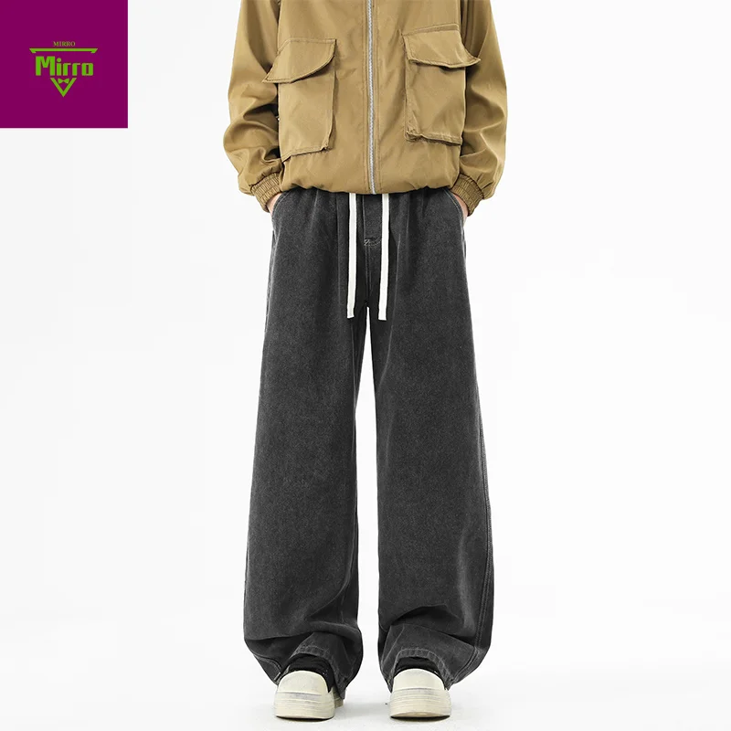 

【Mirrordust】Сплошной цвет Ретро мужские свободные прямые джинсы длиной до пола, широкие брюки
