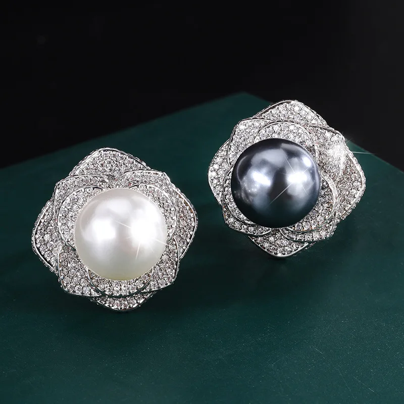 

Jewelry Copper White Gold Plated Inlaid Aobei Mother Pearl - Flower Diamond-Embedded Women's Ring 14mm