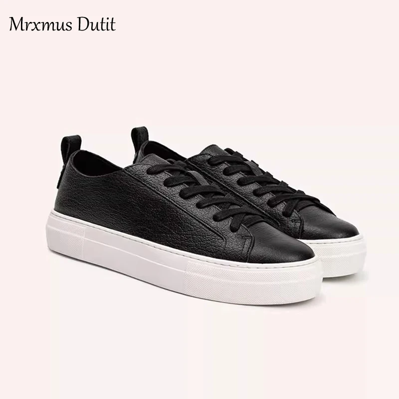 Mrxmus Dutit2024 New Spring Autumn Genuine Leather Women Lacing Basic White Flat Shoes Casual Solid Color Simple All-match Femme