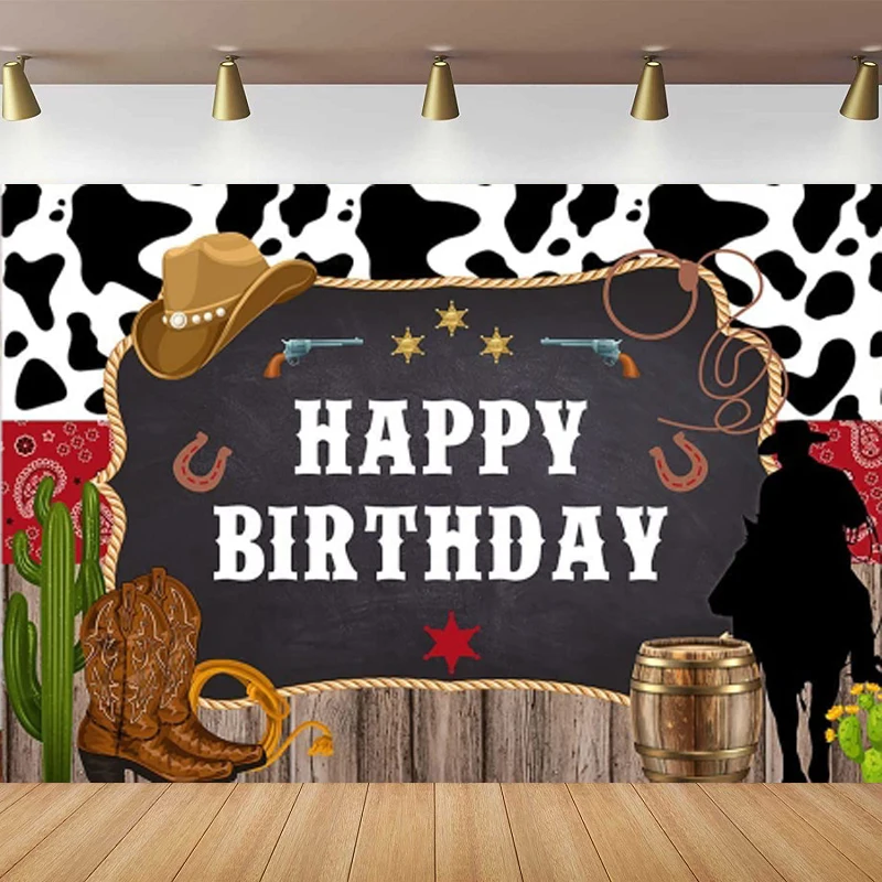 Photography Backdrop Rustic Wood Cowboy Rodeo Banner Wild West Cowboy Happy Birthday Party Interior Decor Background Poster