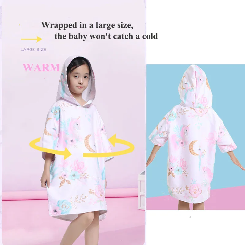 Children Quick-Drying Hooded Bathrobe with Pocket Soft Absorbent Print Beach Towel Design Comfortable