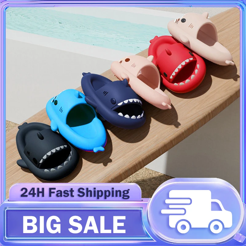 HOT Summer Men Women Shark Slippers Anti-Skid EVA Solid Color Couple Outdoor Cool Indoor Household Funny Shoes Shark Flip Flops