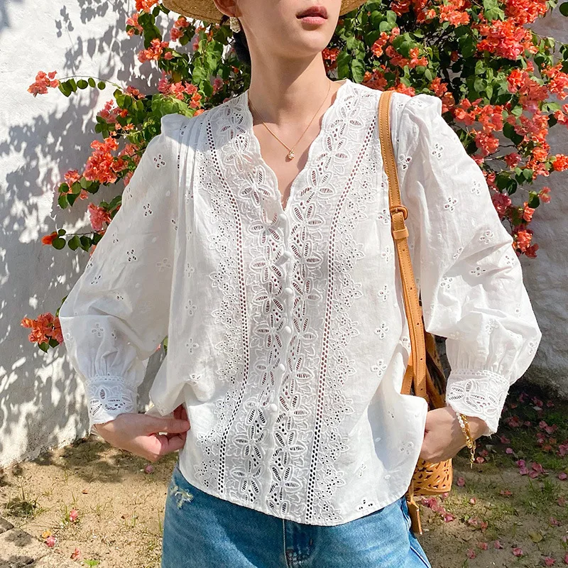 

Early Spring 2025 Women's Long Sve Cotton Linen irt French Embroidery Sle White Ladylike Faionable Busin Casual S...