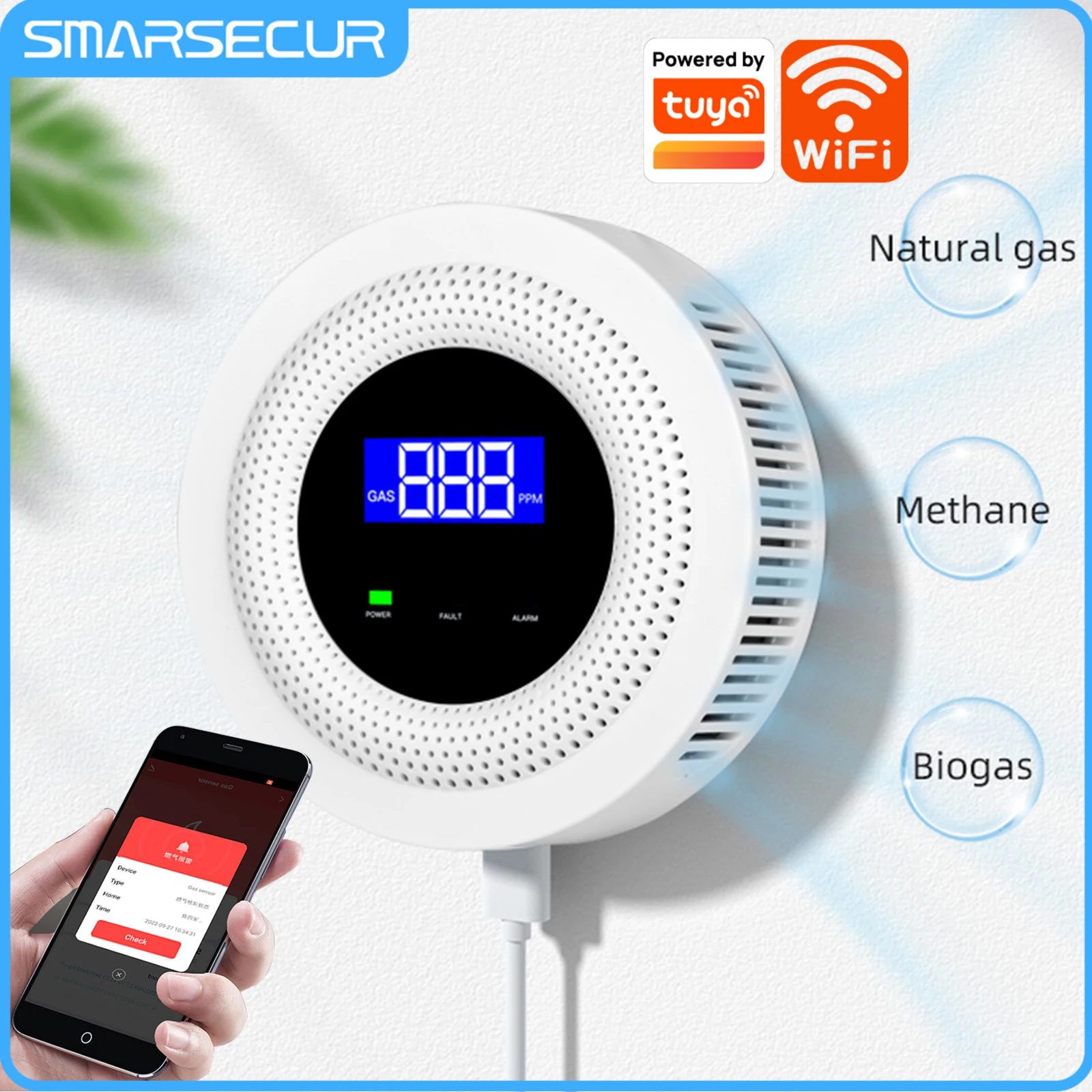 SMARSECUR Tuya WiFi Natural Gas Leakage Sensor Combustible Smart LPG Gas Leakage Detector Smart Life Security Protection Alarm