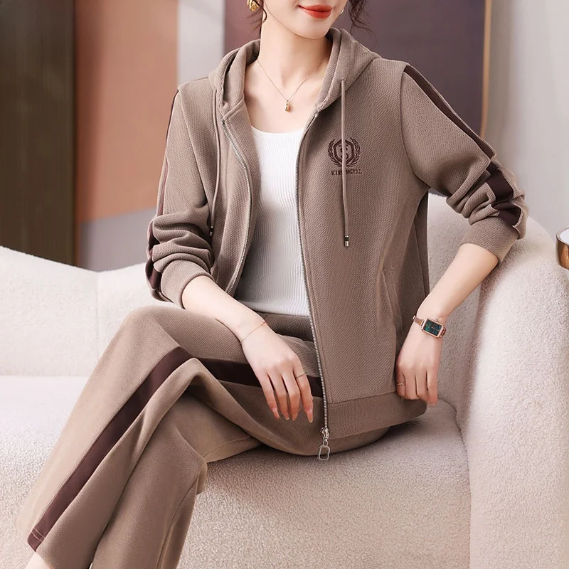 

Модный спортивный костюм для женщин: повседневная верхняя одежда весна-осень, большие размеры, свободный крой, длинные брюки, застежка-молния, цветной