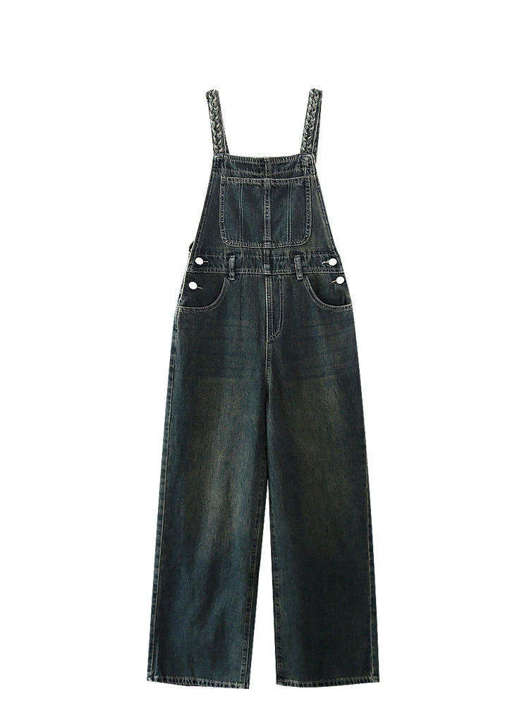 Loose Twisted Strap Denim Overalls Casual American Retro Student Long Pants High Waist Multi-Pocket Wear-Resistant Blue Jeans