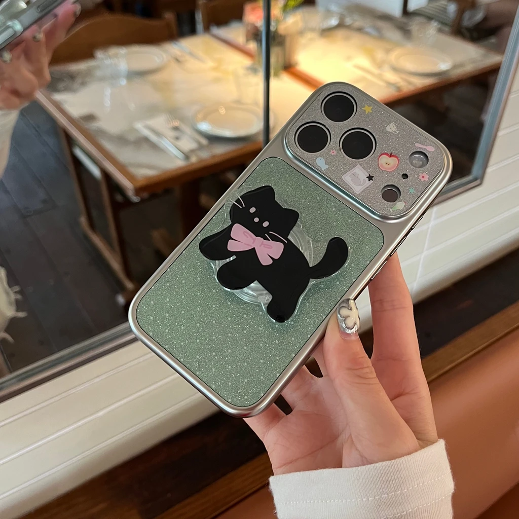 

Cute Green Glitter Black Cat With Holder Large Window Silver Border Shock Proof Phone Cover Case for iPhone 17 16 15 14 Pro Max