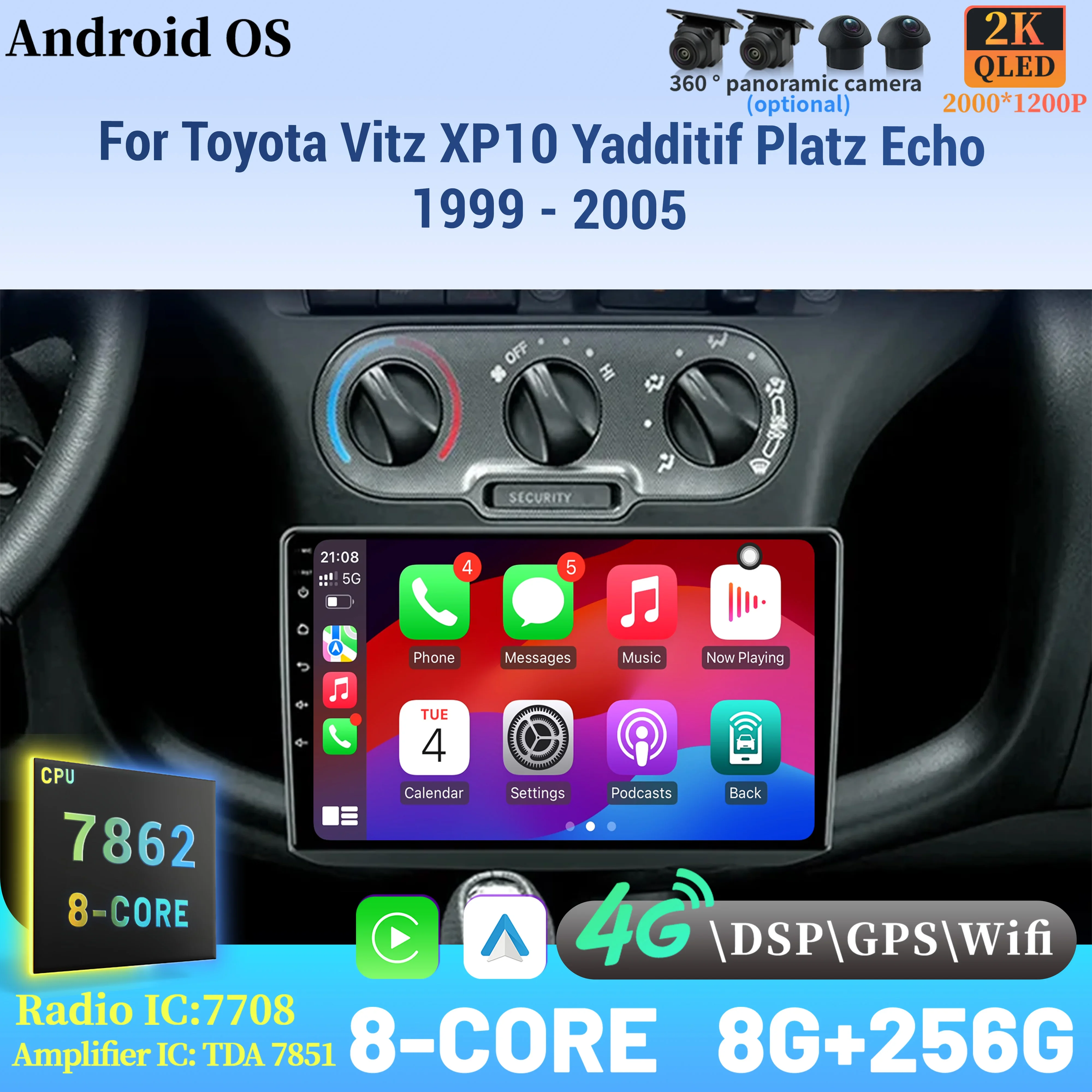أندرويد 14 راديو السيارة مشغل وسائط متعددة شاشة تعمل باللمس لتويوتا فيتز XP10 Yadditif Platz Echo 1999 - 2005 اللاسلكية BT CarPlay